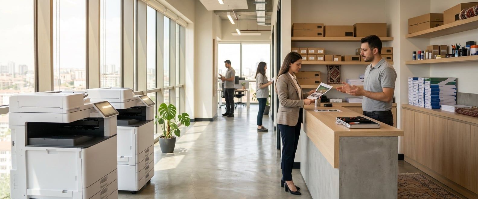 Raflarda sarf malzemelerin dizili olduğu aydınlık ofis-fotokopi mağazasında bankoda müşteriyle ilgilenen çalışan