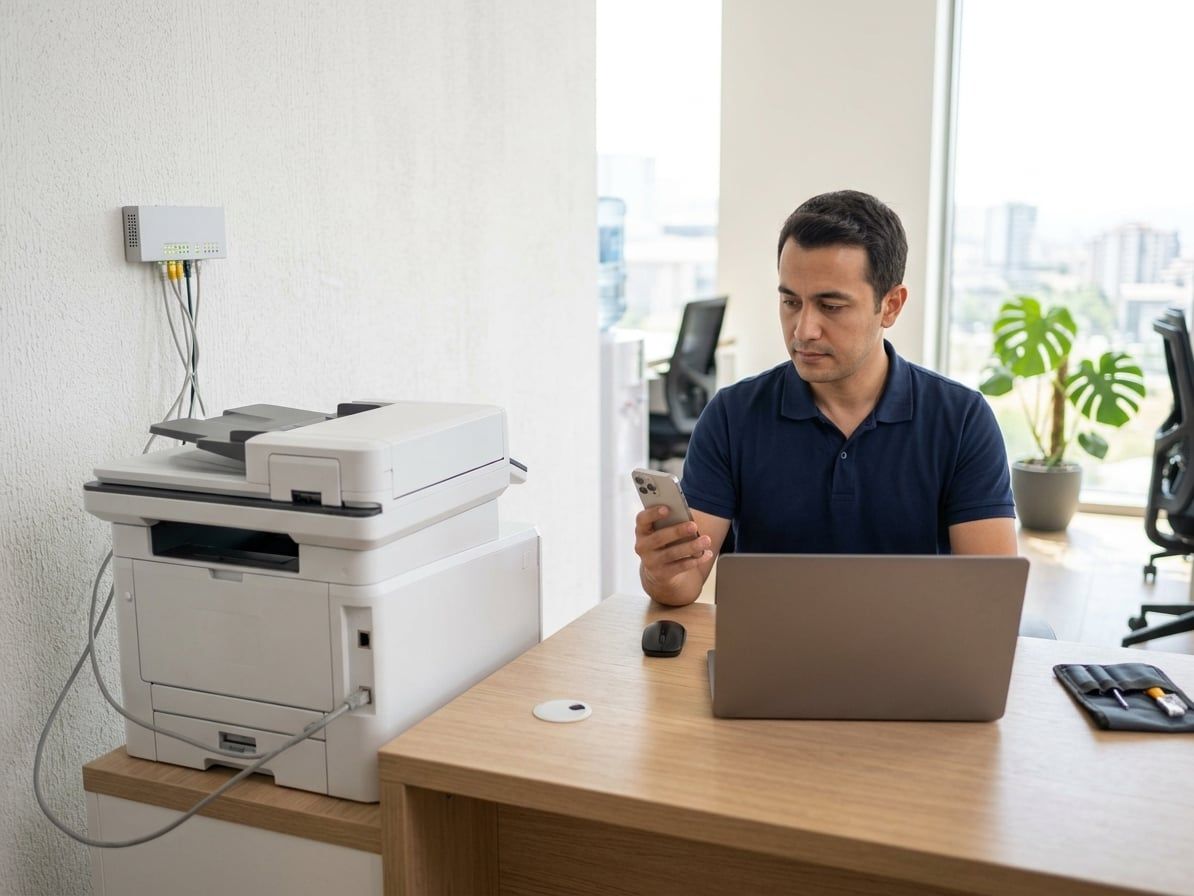 Masasında laptop ve telefonla çalışan ofis çalışanının yanında duvara monte ağ anahtarına bağlı yazıcı