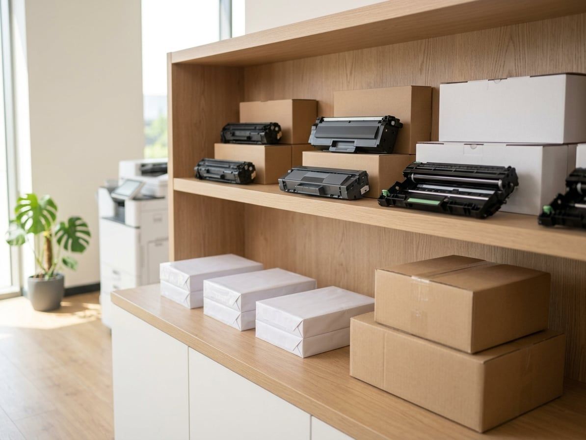 Ahşap rafta dizili toner kartuşları, drum üniteleri, kağıt paketleri ve sevkiyat kutuları